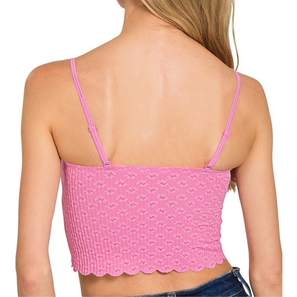 Zenana Seamless Lace Scalloped Crop Top Bralette Bra Pads Candy Pink M - Picture 2 of 3